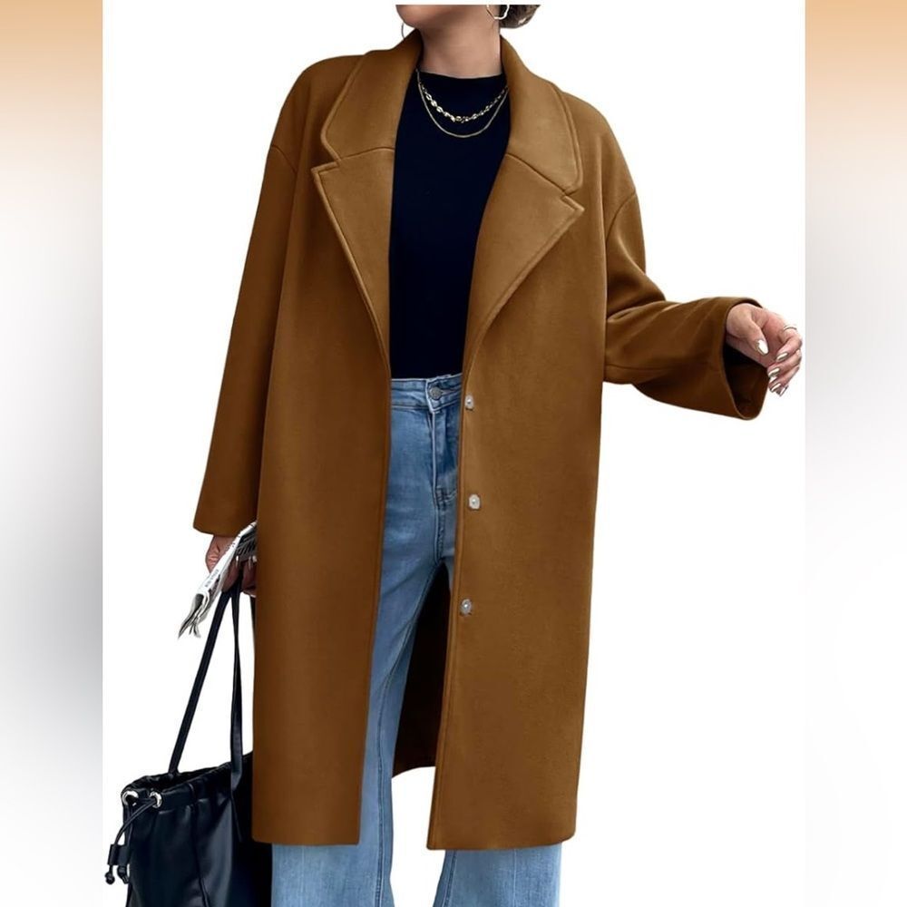 NWT XL Brown Women Long  Pea Coat Slim Fit Notched Collar Coats Single Breasted